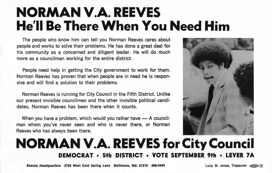A flyer promotingNorman Reeves for City Council